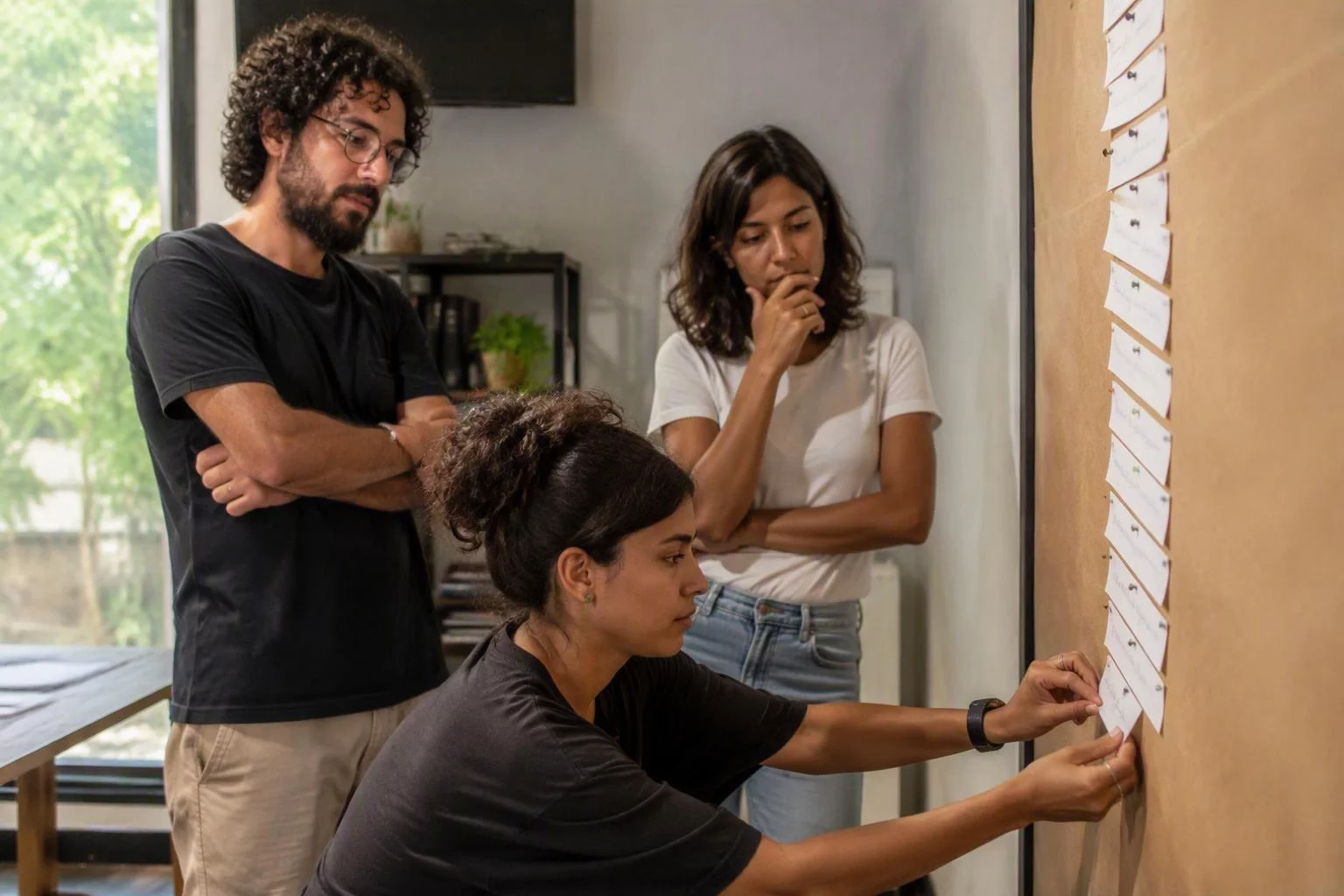 Equipe diante do quadro com os episódios da temporada listados